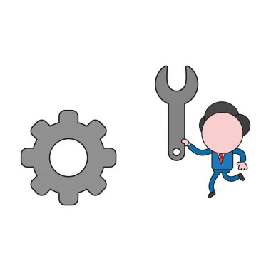 Vektör çizim dişli somun anahtarı taşıyan işadamı karakter kavramı. Renk ve siyah anahatlar.