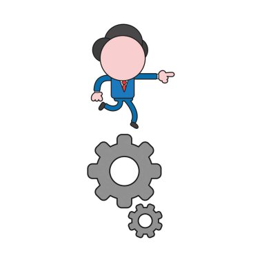 Vektör çizim vites üzerinde çalışan işadamı karakter kavramı. Renk ve siyah anahatlar.