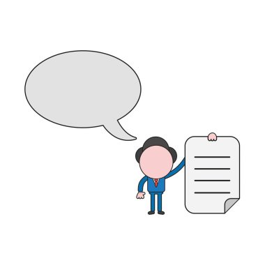 Vektör illüstrasyon kavramı konuşma balonu ve kağıt yazılı holding ile işadamı karakteri. Renk ve siyah anahatlar.