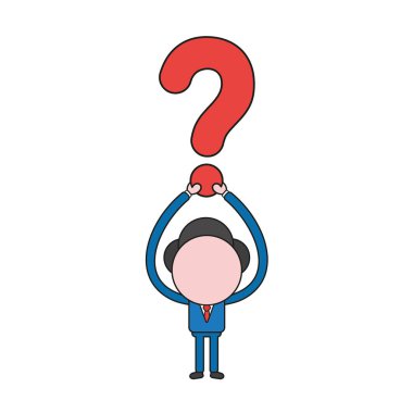 Vektör çizim soru işareti kadar tutan işadamı karakter kavramı. Renk ve siyah anahatlar.