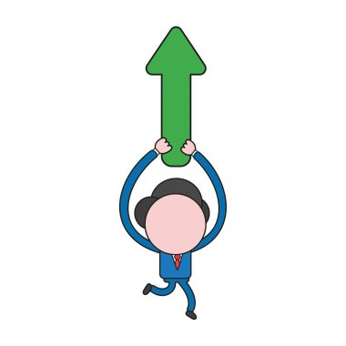 Vektör çizim çalışan ve yukarı ok taşıyan işadamı karakter kavramı. Renk ve siyah anahatlar.