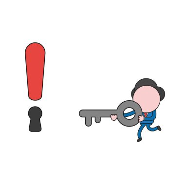 Vektör çizim ünlem işareti anahtar deliği anahtarı taşıyan işadamı karakter kavramı. Renk ve siyah anahatlar.