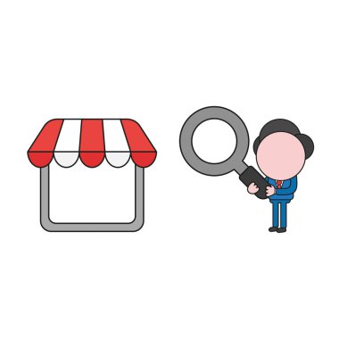 Vektör illüstrasyon kavramı işadamı karakter holding Büyüteç mağaza için. Renk ve siyah anahatlar.