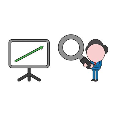 Vektör illüstrasyon kavramı işadamı karakter holding Büyüteç satış grafiği ok yukarıya taşımak için. Renk ve siyah anahatlar.