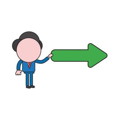 Vektör illüstrasyon kavramı şu işaret eden işadamı karakter holding ok. Renk ve siyah anahatlar.