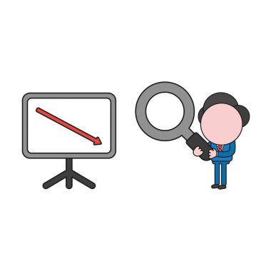 Vektör illüstrasyon kavramı işadamı karakter holding Büyüteç satış grafiği ok aşağı hareket için. Renk ve siyah anahatlar.