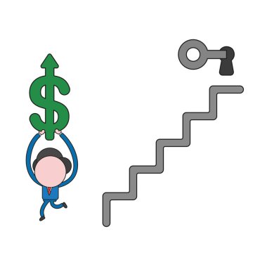 Vektör illüstrasyon kavramı işadamı karakterinin anahtar deliği üst merdiven ve taşıma doları ok yukarı hareket kilidini. Renk ve siyah anahatlar.