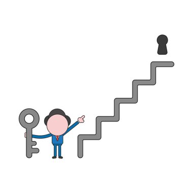 Vektör çizim tuşuna basılı tutarak ve merdivenlerden üst anahtar deliği işaret eden işadamı karakter kavramı. Renk ve siyah anahatlar.