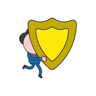 Vektör çizim çalıştıran ve güvenlik kalkan taşıyan işadamı karakter kavramı. Renk ve siyah anahatlar.