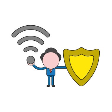 Vektör illüstrasyon kablosuz wifi sembolü ve koruma kalkanı tutan işadamı karakter kavramı. Renk ve siyah anahatlar.