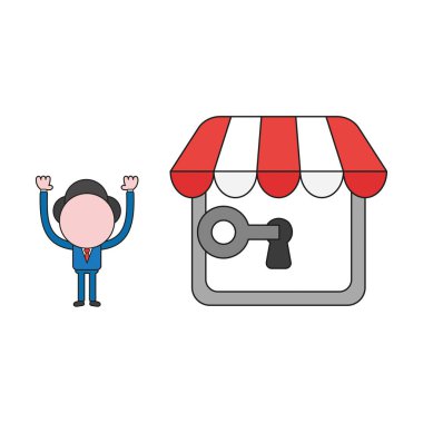 İşadamı vektör illüstrasyon kavramı kilit karakter veya mağaza anahtar deliği ile anahtar kilidini. Renk ve siyah anahatlar.