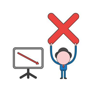 Vektör illüstrasyon kavramı x tutan işadamı karakterinin işaretlemek satış grafiği ok aşağı hareket ile. Renk ve siyah anahatlar.