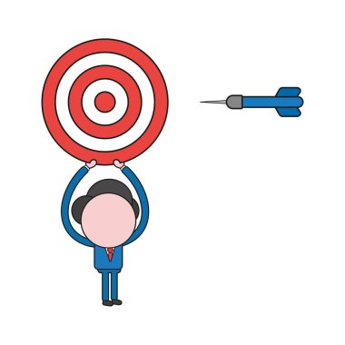 Vektör illüstrasyon kavramı işadamı karakterinin Bullseye dart ile gidiyor. Renk ve siyah anahatlar.