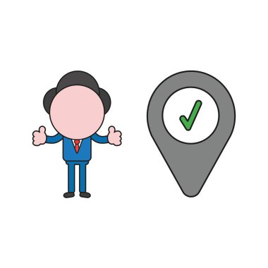 Vektör illüstrasyon kavramı ile harita işaretçi ve onay işareti ve başparmak-up veren işadamı karakteri. Renk ve siyah anahatlar.