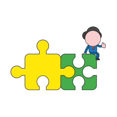 Vektör illüstrasyon kavramı iki bağlı puzzle parçaları üzerinde oturan ve gösterilen işadamı karakterinin başparmak-up. Renk ve siyah anahatlar.