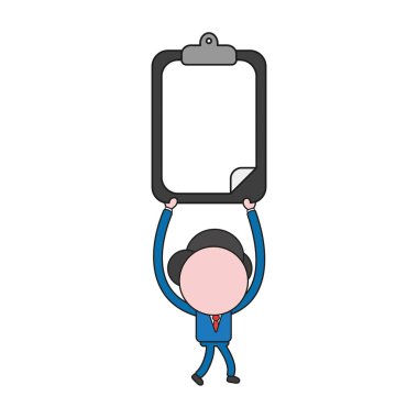 Vektör çizim yürüyüş ve Pano boş kağıt ile tutan işadamı karakter kavramı. Renk ve siyah anahatlar.