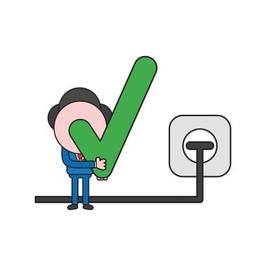 Vektör illüstrasyon kavramı işadamı karakter holding onay işareti ile prize tak. Renk ve siyah anahatlar.