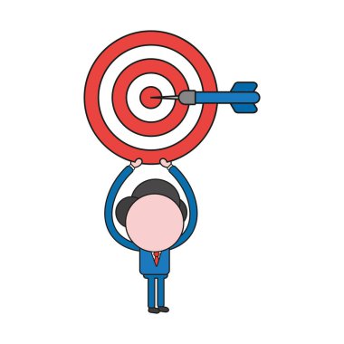 Bullseye kadar tutan işadamı karakter kavramı illüstrasyon vektör ve ortasında dart. Renk ve siyah anahatlar.