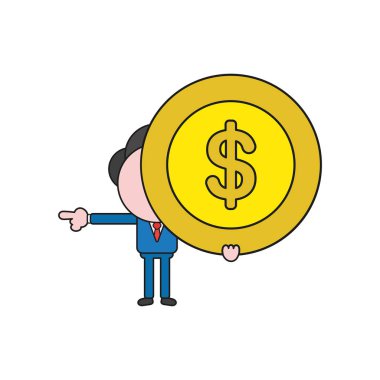 Vektör çizim Doları para tutan işadamı karakter kavramı. Renk ve siyah anahatlar.