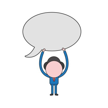 Vektör çizim boş konuşma balonu kadar tutan işadamı karakter kavramı. Renk ve siyah anahatlar.