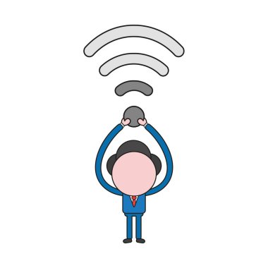 Vektör illüstrasyon kablosuz wifi sembolü kadar tutan işadamı karakter kavramı. Renk ve siyah anahatlar.