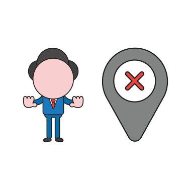 İşadamı karakter harita göstergesiyle birlikte ve x işareti ve el dur hareketi gösterilen vektör illüstrasyon kavramı. Renk ve siyah anahatlar.