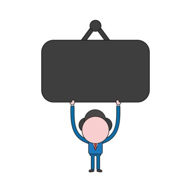 Vektör illüstrasyon işareti asılı tutan işadamı karakter kavramı. Renk ve siyah anahatlar.