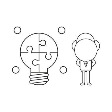Vektör illüstrasyon kavramı parlayan ile işadamı karakterinin ampul bulmaca bağlı. Siyah anahat.