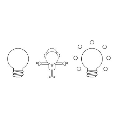 Vektör illüstrasyon kavramı ampulleri ve işaret arasında işadamı karakterinin. Siyah anahat.