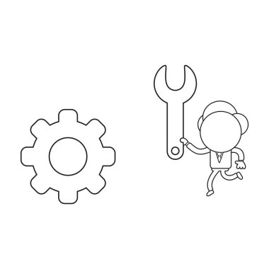 Vektör çizim dişli somun anahtarı taşıyan işadamı karakter kavramı. Siyah anahat.