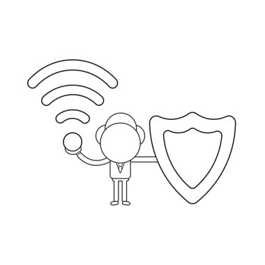 Vektör illüstrasyon kablosuz wifi sembolü ve koruma kalkanı tutan işadamı karakter kavramı. Siyah anahat.