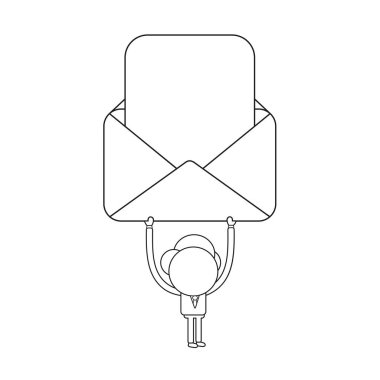 Vektör illüstrasyon kavramı işadamı karakterinin posta zarf boş kağıt ile gidiyor. Siyah anahat.