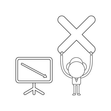 Vektör illüstrasyon kavramı x tutan işadamı karakterinin işaretlemek satış grafiği ok aşağı hareket ile. Siyah anahat.