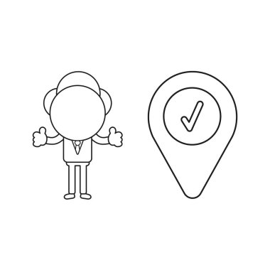 Vektör illüstrasyon kavramı ile harita işaretçi ve onay işareti ve başparmak-up veren işadamı karakteri. Siyah anahat.