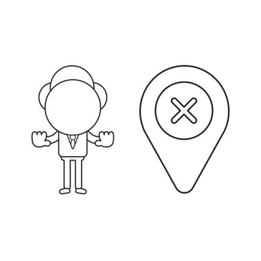 İşadamı karakter harita göstergesiyle birlikte ve x işareti ve el dur hareketi gösterilen vektör illüstrasyon kavramı. Siyah anahat.