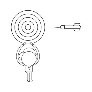 Vektör illüstrasyon kavramı işadamı karakterinin Bullseye dart ile gidiyor. Siyah anahat.