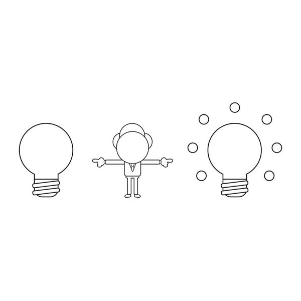Vektor Illustration Konzept Des Geschäftsmanncharakters Zwischen Glühbirnen Und Zeigen Schwarzer — Stockvektor
