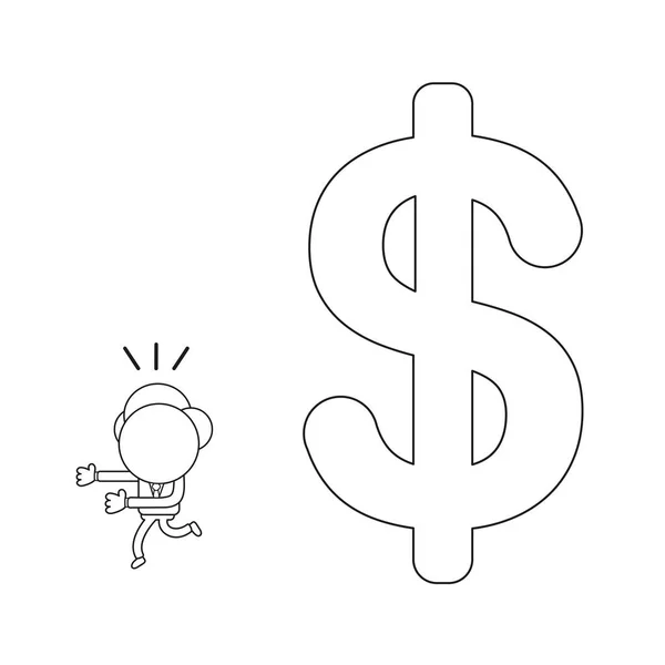 Векторная Иллюстрация Персонажа Бизнесмена Убегающего Большого Символа Доллара Чёрный Контур — стоковый вектор