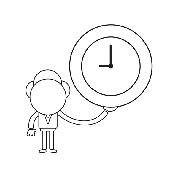 Векторная Иллюстрация Концепции Персонажа Бизнесмена Держащего Часы Чёрный Контур — стоковый вектор