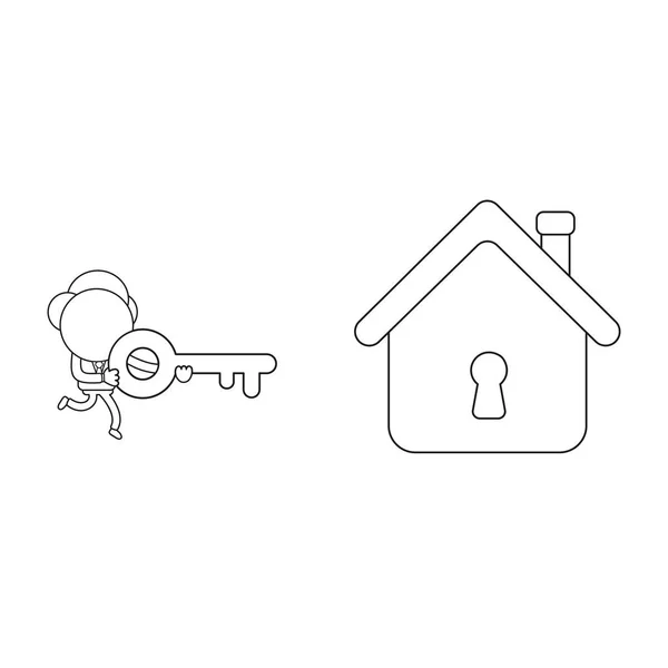 Vector Illustration Concept Businessman Character Carrying Key House Keyhole Black — Stock Vector