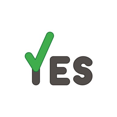 Vektör çizim simgesini kavramı Evet kelime onay işareti ile. Renkli ve renkli anahatlar.