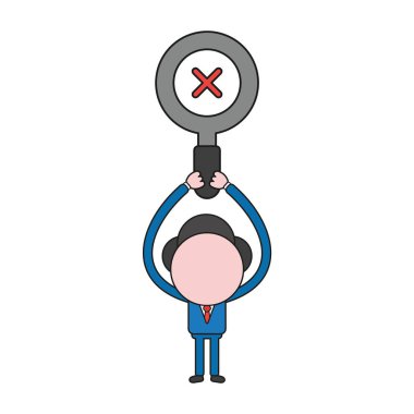 Vektör illüstrasyon kavramı işadamı karakter x işareti olan Büyüteç gidiyor. Renk ve siyah anahatlar.