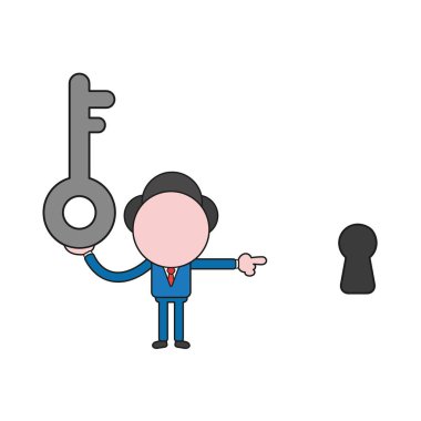 Vektör çizim tuşuna basılı tutarak ve anahtar deliği işaret eden işadamı karakter kavramı. Renk ve siyah anahatlar.