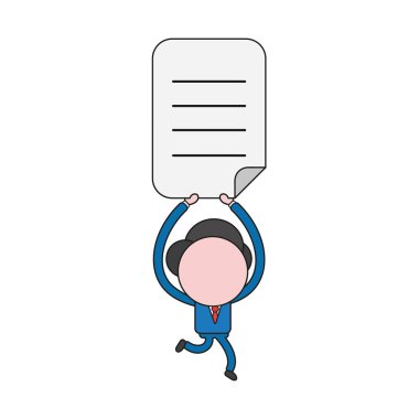 Vektör çizim çalıştıran ve yazılı kağıdı tutan işadamı karakter kavramı. Renk ve siyah anahatlar.