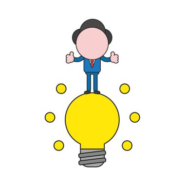 Vektör illüstrasyon kavramı işadamı karakter ayakta parlayan ampul ve gösteren başparmak-up. Renk ve siyah anahatlar.