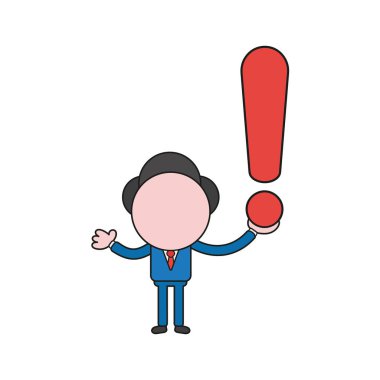 Vektör çizim işadamı karakter holding ünlem işareti kavramı. Renk ve siyah anahatlar.