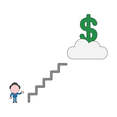 İşadamı karakter vektör illüstrasyon kavramı merdiven bulutla doları sembolü ulaşmak. Renk ve siyah anahatlar.