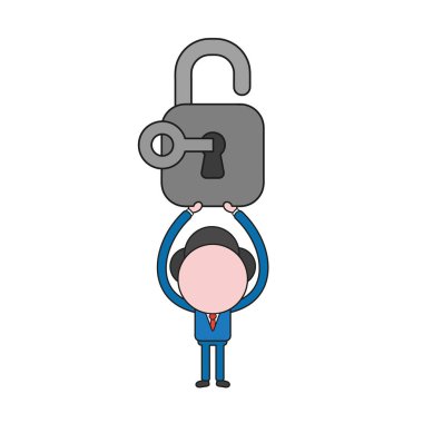 Vektör çizim anahtar ile açılan asma kilit tutan işadamı karakter kavramı. Renk ve siyah anahatlar.