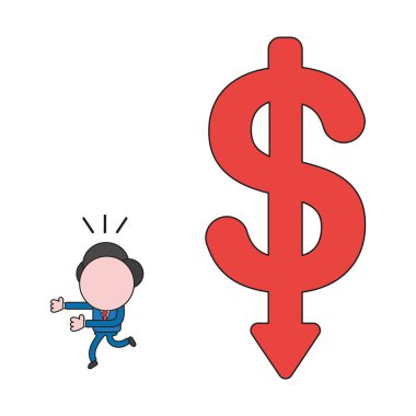 Vektör çizim büyük dolar sembol ok aşağı hareket uzak çalışan işadamı karakter kavramı. Renk ve siyah anahatlar.