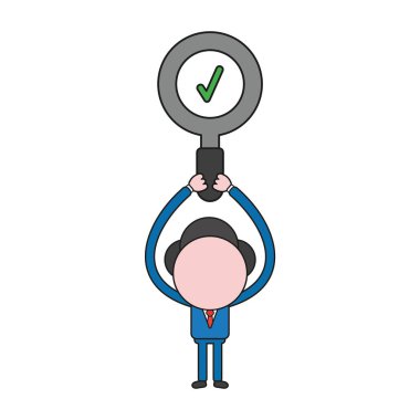 Vektör illüstrasyon kavramı işadamı karakter onay işareti olan Büyüteç gidiyor. Renk ve siyah anahatlar.